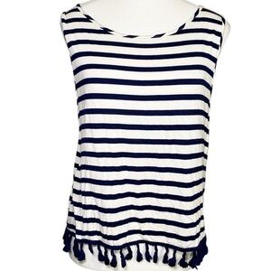 Everly Navy and White Striped Women's Tank Top with Tassels